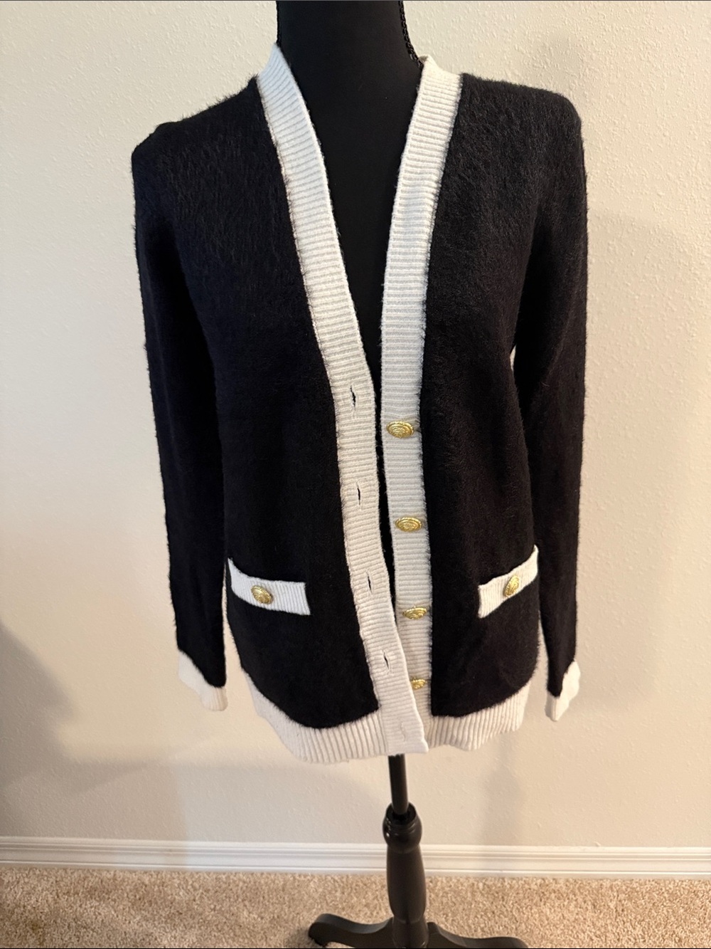 Tahari Black Cardigan with White Trim and Gold Buttons